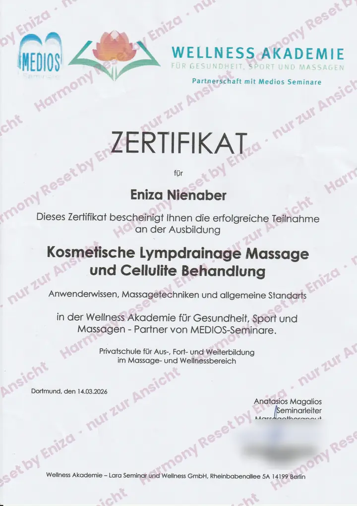 Zertifikat kosmetische Lymphdrainage und Cellulite-Behandlung, Wellness Akademie, 2026