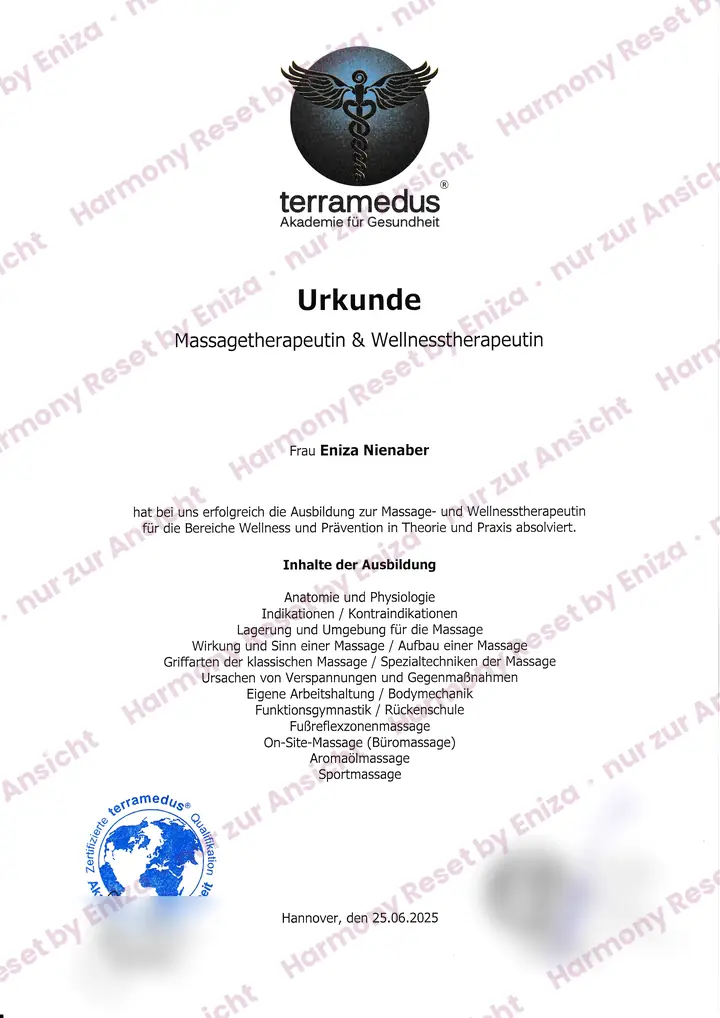 Urkunde Massagetherapeutin und Wellnesstherapeutin, Terramedus Akademie für Gesundheit, 2025