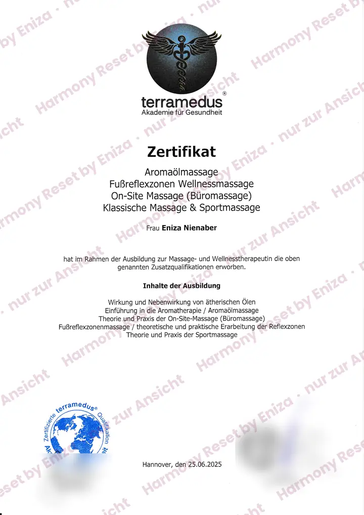 Zertifikat Aromaölmassage, Fußreflexzonen-Wellnessmassage, Büromassage, klassische Massage und Sportmassage, Terramedus, 2025